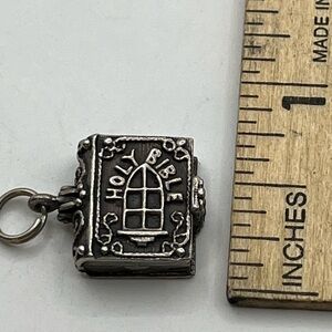 Sterling Holy Bible Charm Pendant with Angel figure inside. 925. Religious